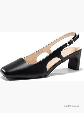 Faux Leather Slingback Pumps with Chunky Block Heel and Square Toe
